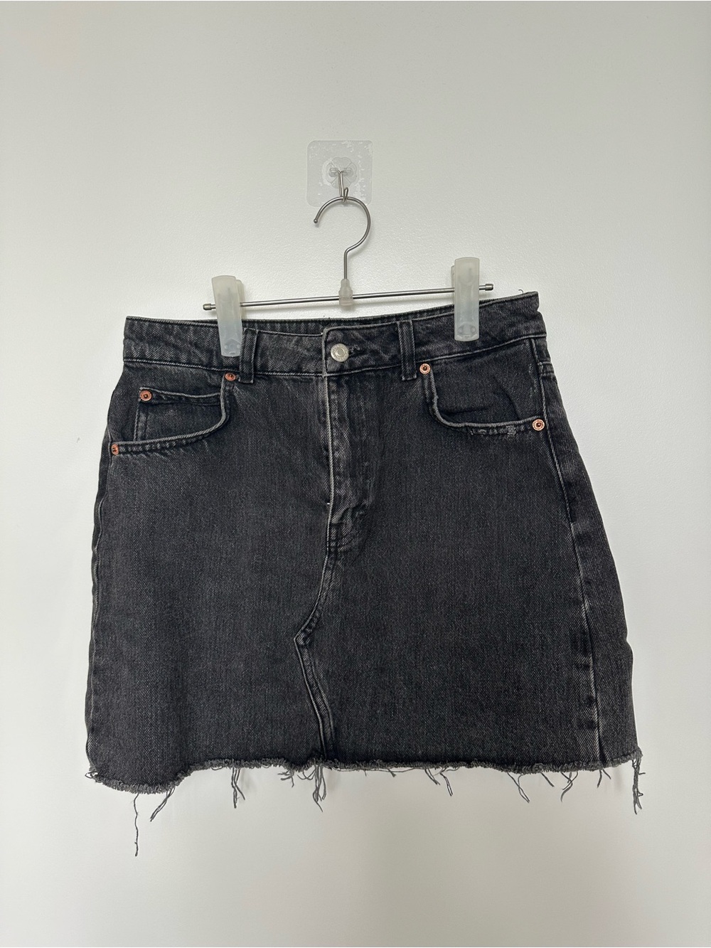 Washed Black Denim Mini Skirt with Frayed Hem